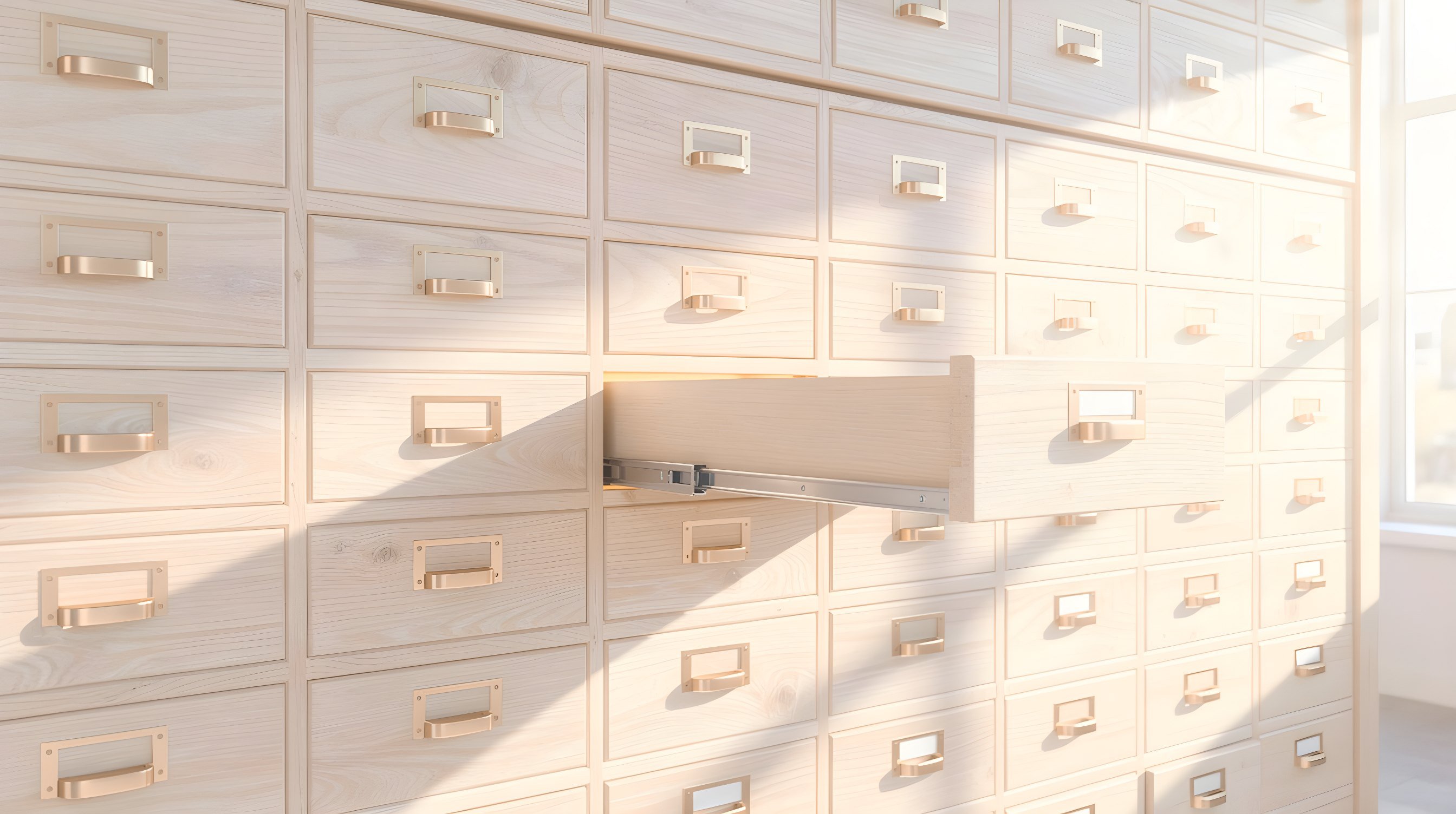 Illustration: a wall of small oak card-catalog drawers, one drawer pulled open and glowing warm brass.