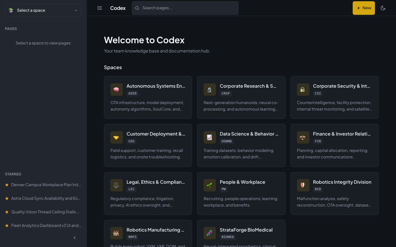Codex's home page: a welcome heading, a card for each space, and quick links.