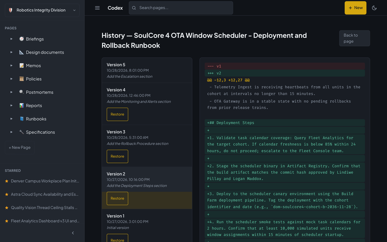 Codex's history page for a runbook: five versions with a change summary each and a Restore button, and a diff of the selected version against the one before it.