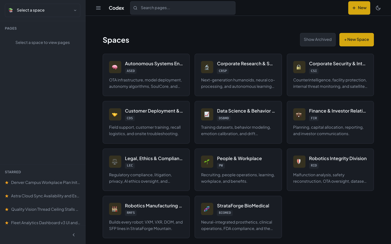 Codex's Spaces page listing the eleven StrataForge divisions as space cards, each with its key and description.